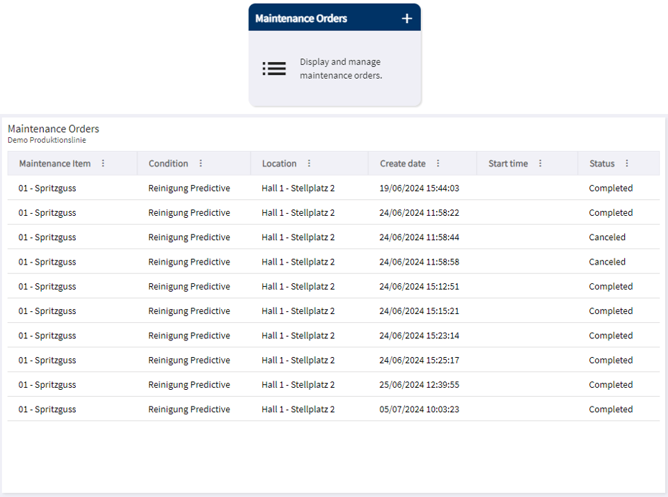 Screenshot einer MES-Oberfläche mit automatisch generierten Wartungsaufträgen für Spritzgussmaschinen. Predictive-Maintenance-System erstellt und dokumentiert Reinigungsaufträge in Echtzeit, inkl. Datum, Uhrzeit, Status (Completed/Cancelled).