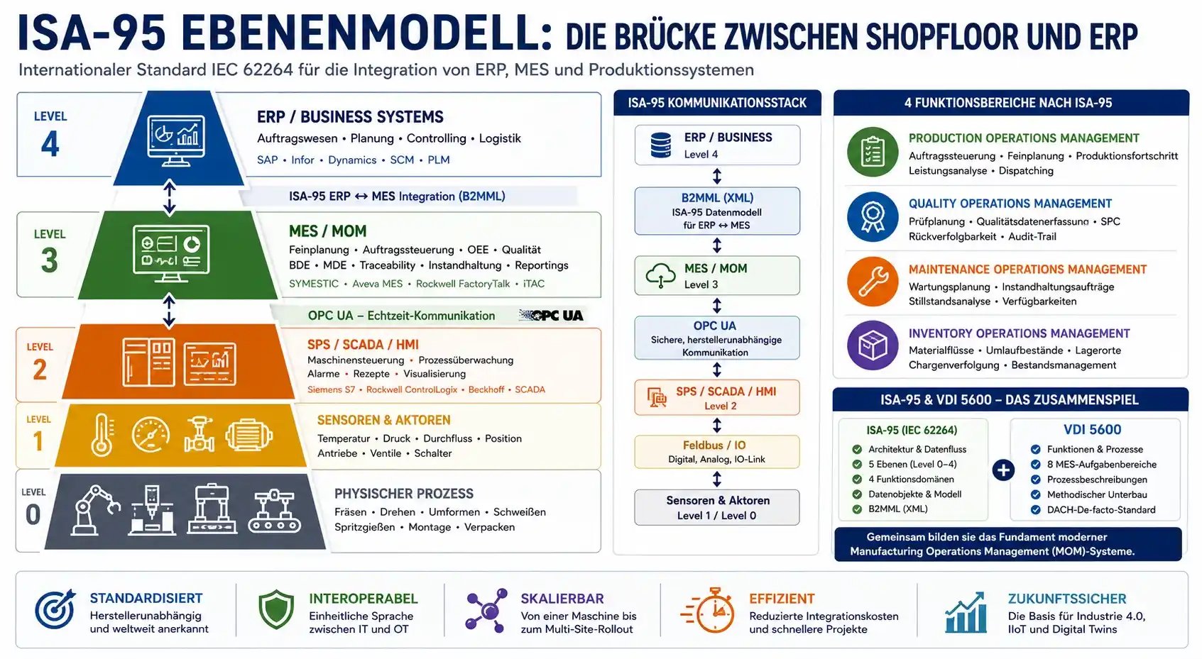 ISA-95 Ebenenmodell als Automatisierungspyramide mit den Ebenen Level 0 bis Level 4. Die Infografik zeigt die Integration von Sensoren, SPS, SCADA, MES und ERP sowie die Rolle von OPC UA und B2MML beim Datenaustausch zwischen Shopfloor und Unternehmenssystemen.