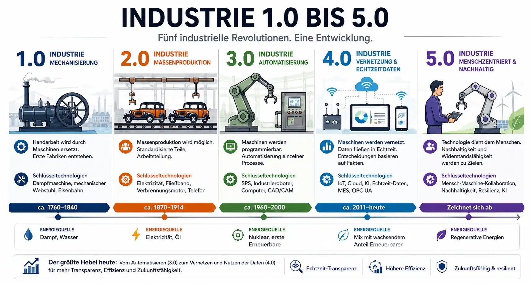 Industrie 1.0 bis 5.0 erklärt: Infografik zur Entwicklung der industriellen Revolutionen mit Mechanisierung, Massenproduktion, Automatisierung, Industrie 4.0, IoT, MES, Echtzeitdaten und Industrie 5.0.