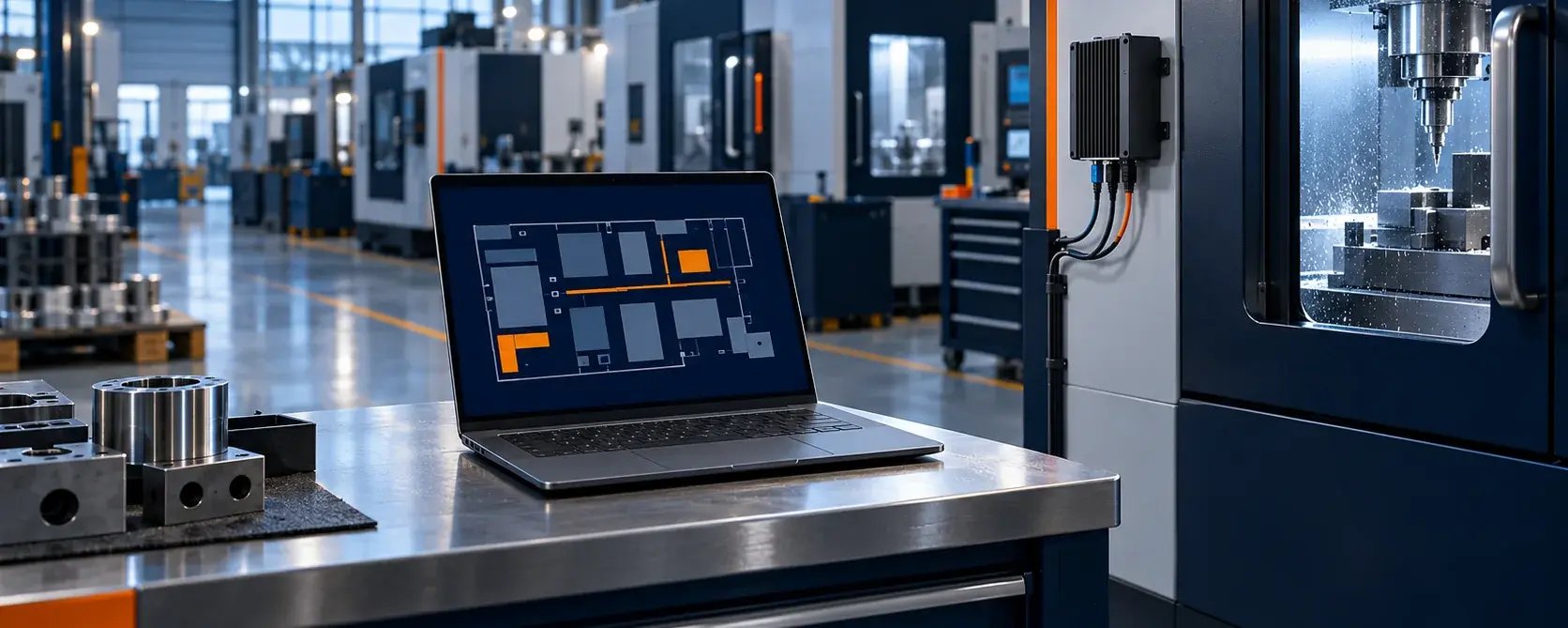 Standing desk on the shop floor with laptop and plant overview, no server room