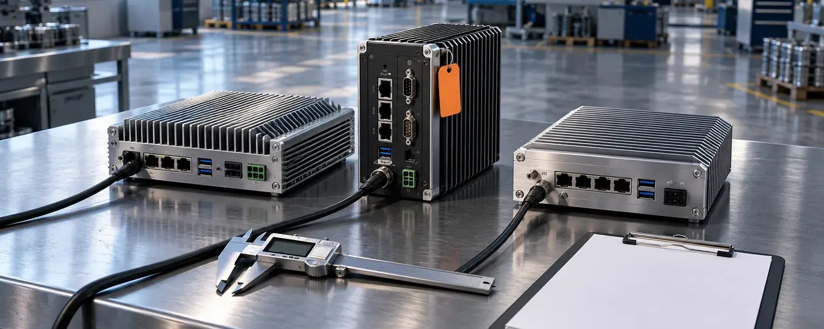 Three edge gateways laid out for comparison on a test table with caliper and clipboard