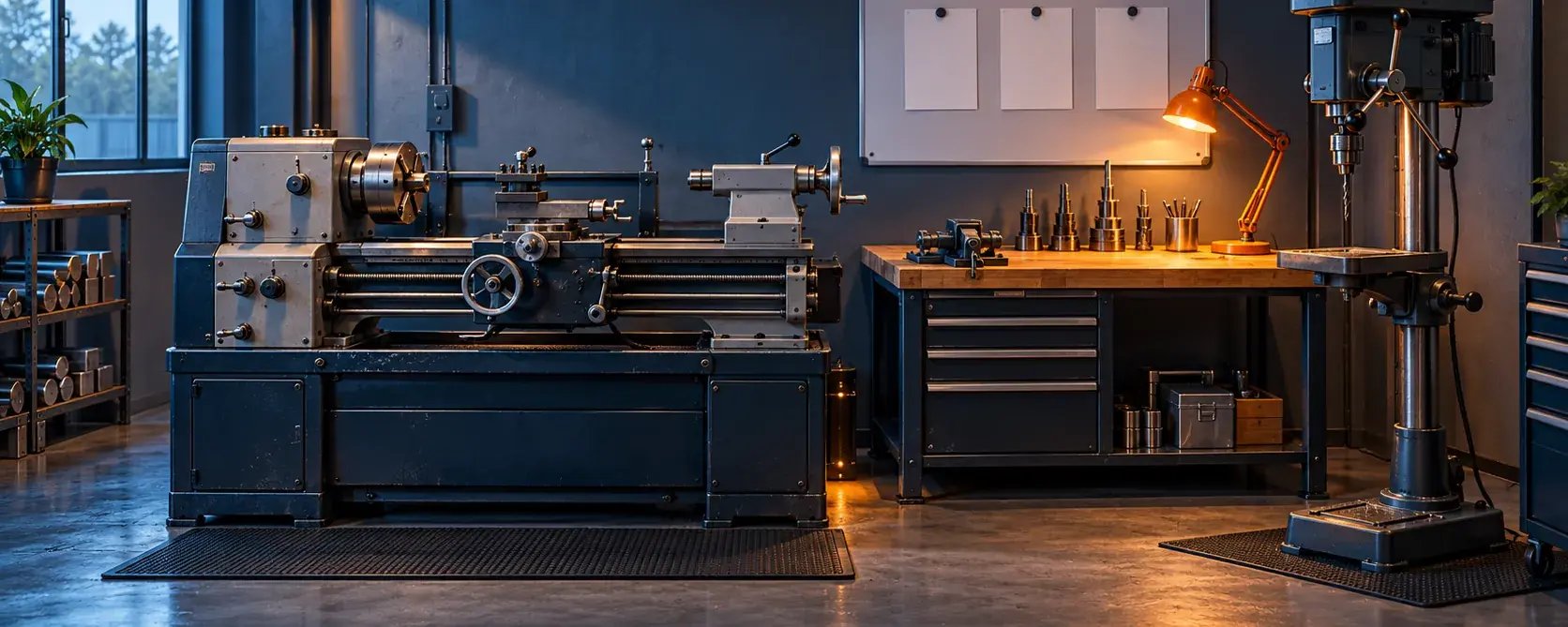 Small workshop with lathe, drill press and magnetic board, easy to oversee at a glance