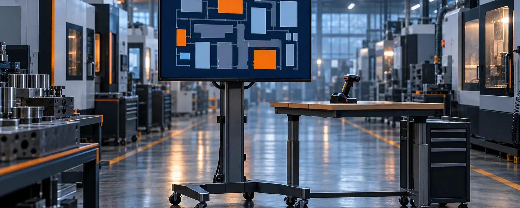 Shift leader station on the shop floor with monitor, plant overview and scanner
