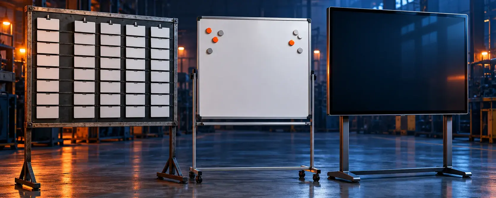 Drei Generationen von Shopfloor-Boards nebeneinander: Karten-Board, Whiteboard und digitales Board