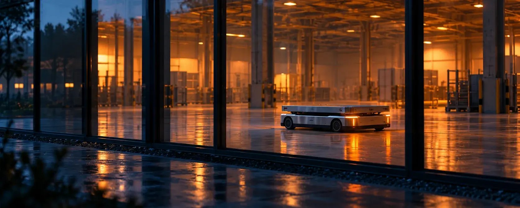 Modern factory hall at night with an autonomous transport robot crossing the floor: smart factory