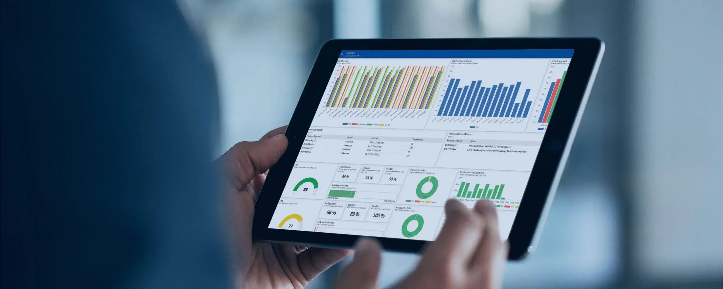 Dashboard OEE na tablecie: wskaźniki w czasie rzeczywistym — dostępność, wydajność, jakość i analiza produkcji