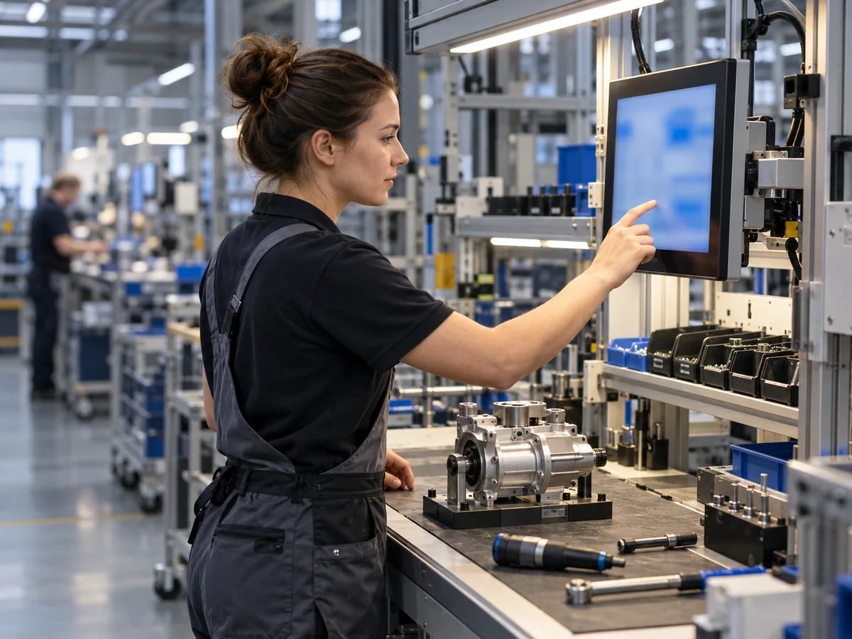 Werkerin bedient ein Touch-Display am Montagearbeitsplatz