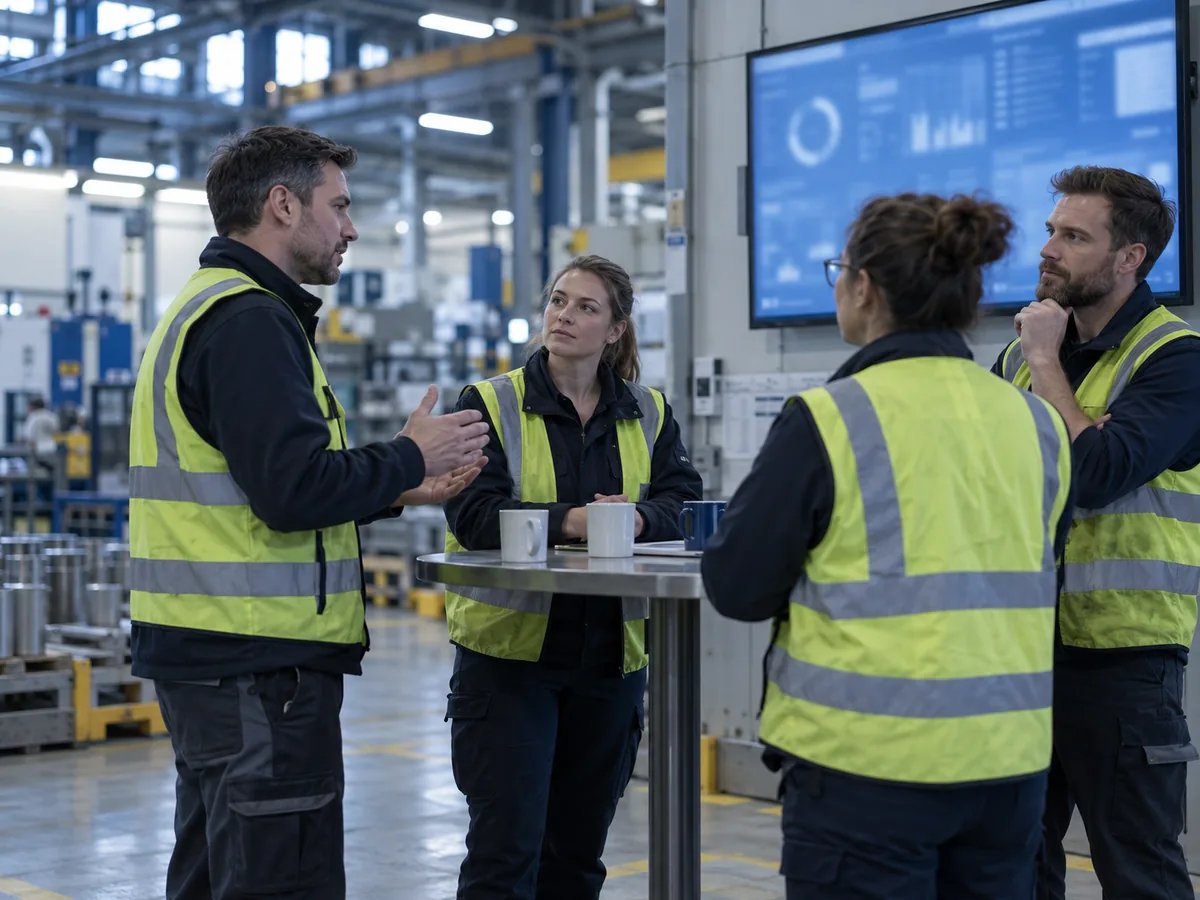 Ploegronde bij het fabrieksdisplay in de hal met digitaal shopfloor management
