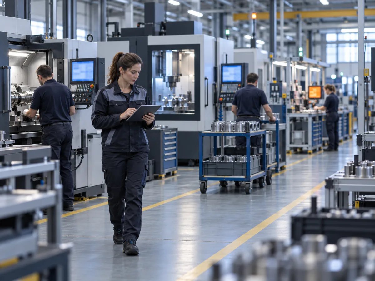 Werkerin prüft in der Fertigungshalle den Auftragsstatus auf dem Tablet, dahinter CNC-Maschinen und Transportwagen mit Bauteilen