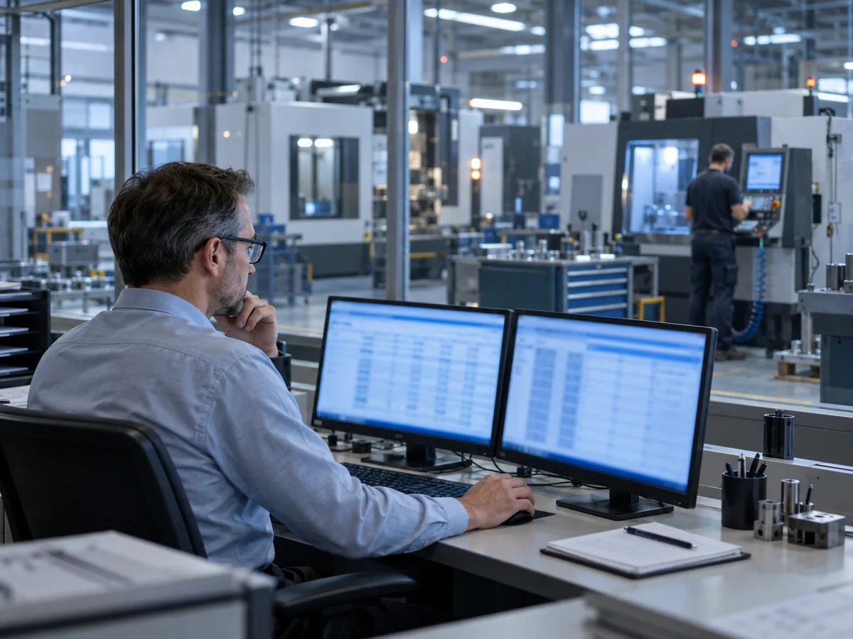 Arbeitsvorbereiter im verglasten Hallenbüro mit der Auftragsliste am Bildschirm, dahinter die laufende Fertigung