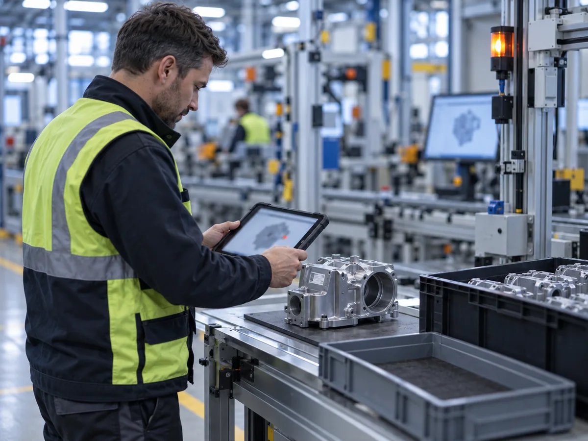 Werker scannt an der Prüfstation einer Montagelinie ein Bauteil mit dem Tablet für die Qualitätsprüfung