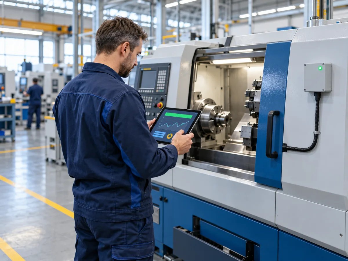 Werker prüft Maschinendaten auf dem Tablet an einer CNC-Drehmaschine mit nachgerüsteter IoT Box