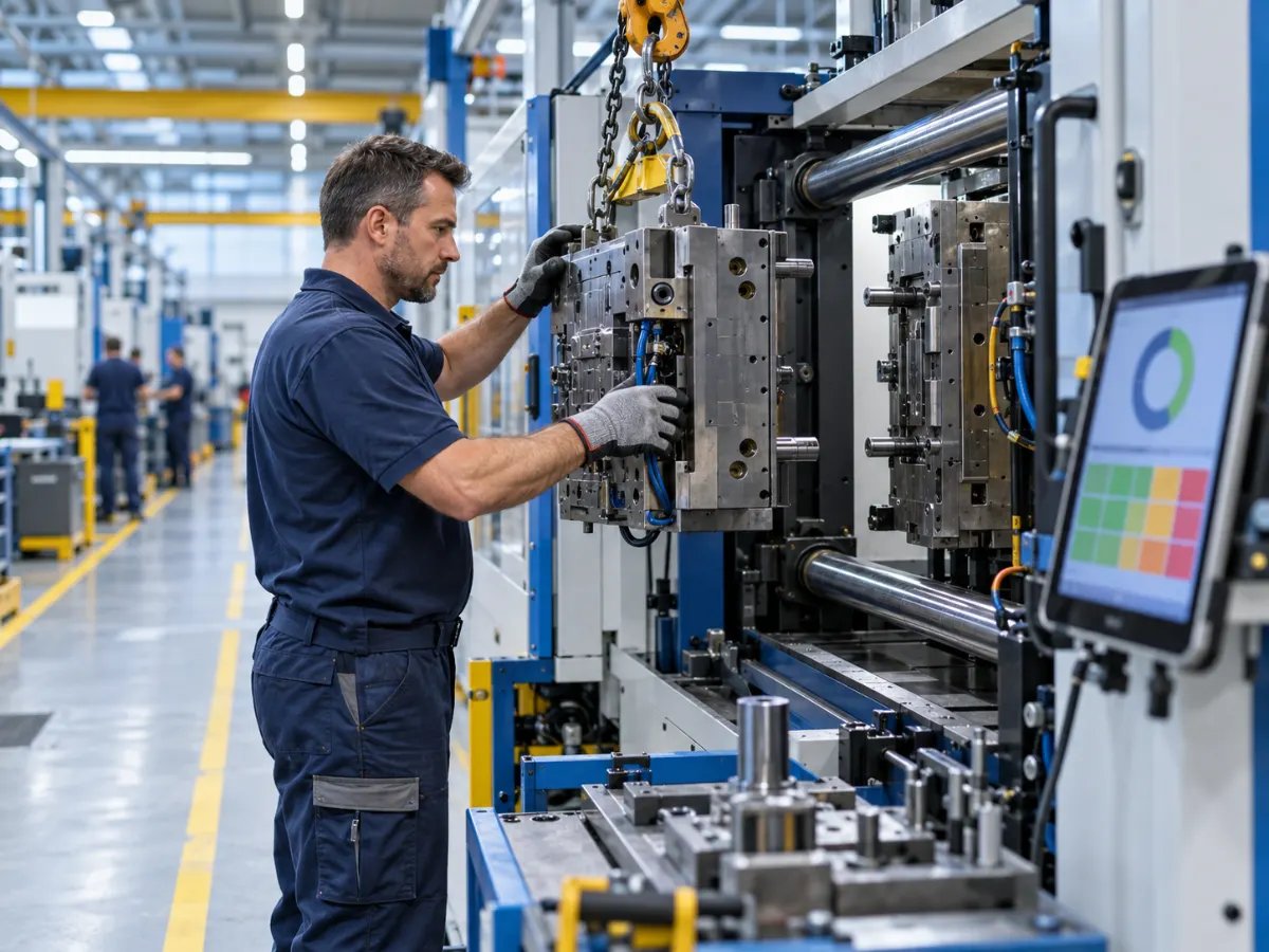Werker wechselt an einer Spritzgießmaschine das Werkzeug, daneben ein Tablet mit der Rüstzeit des laufenden Wechsels