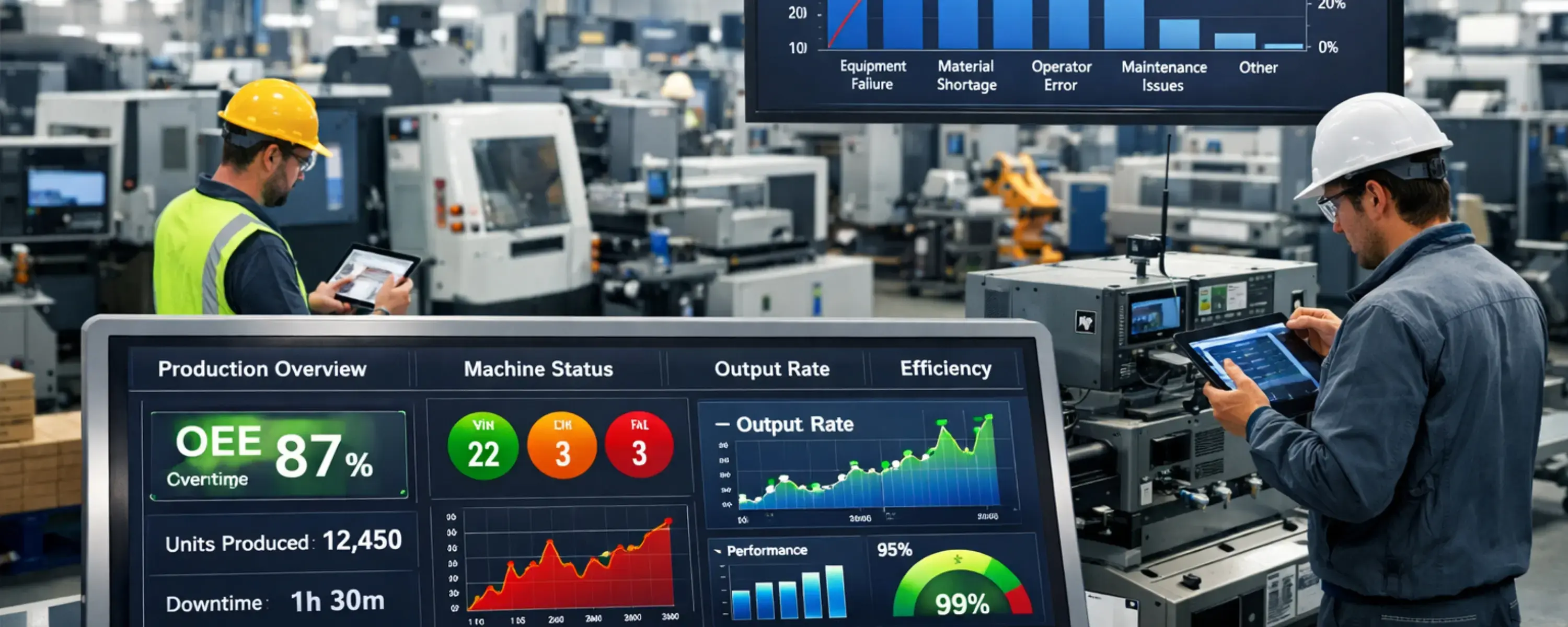 Mitarbeiter in der Fertigung nutzen BDE Software auf Tablets und Großbildschirmen zur Überwachung von OEE, Maschinenzuständen und Produktionsdaten in Echtzeit.