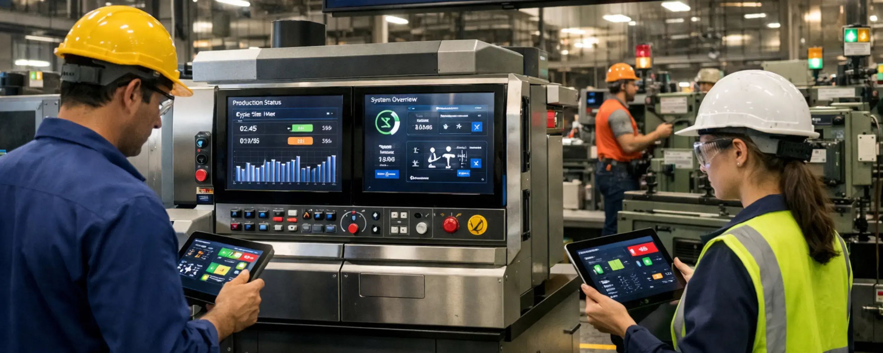 Mitarbeiter überwachen Maschinendaten in Echtzeit über MDE Software auf Tablets und integrierten Shopfloor-Monitoren zur Analyse von Zykluszeiten und Stillständen.