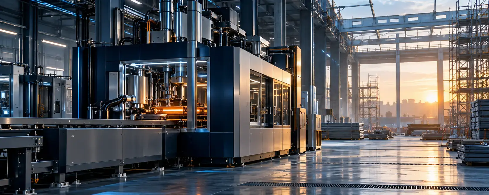 Neue Fabrikhalle im Morgenlicht, hinten noch im Bau mit Gerüst