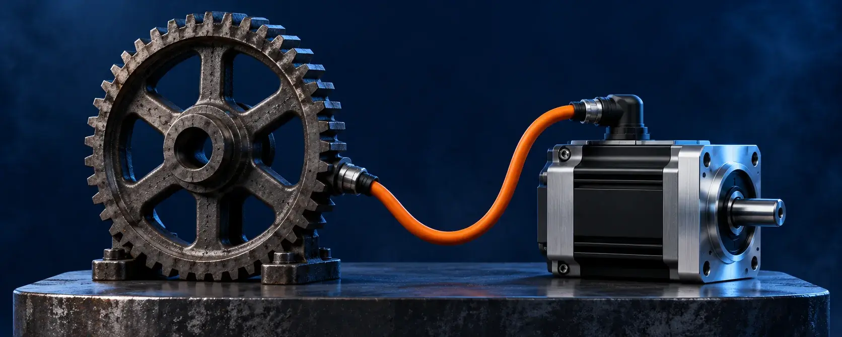 Old cast-iron gear wheel and modern servo motor joined by an orange cable: the old and the new production world