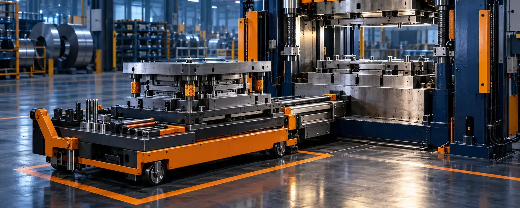 Stamping press with a docked die change cart for a quick changeover