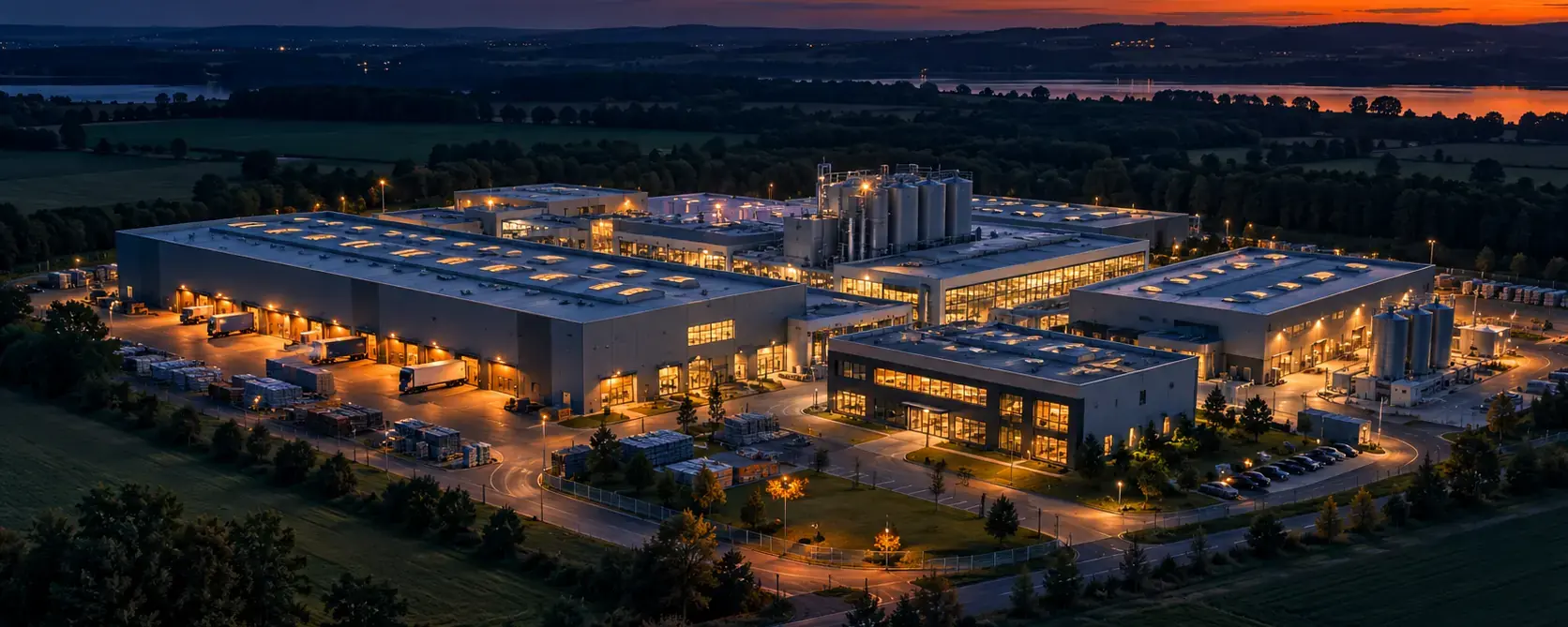 Aerial view of a manufacturing site with several halls at dusk