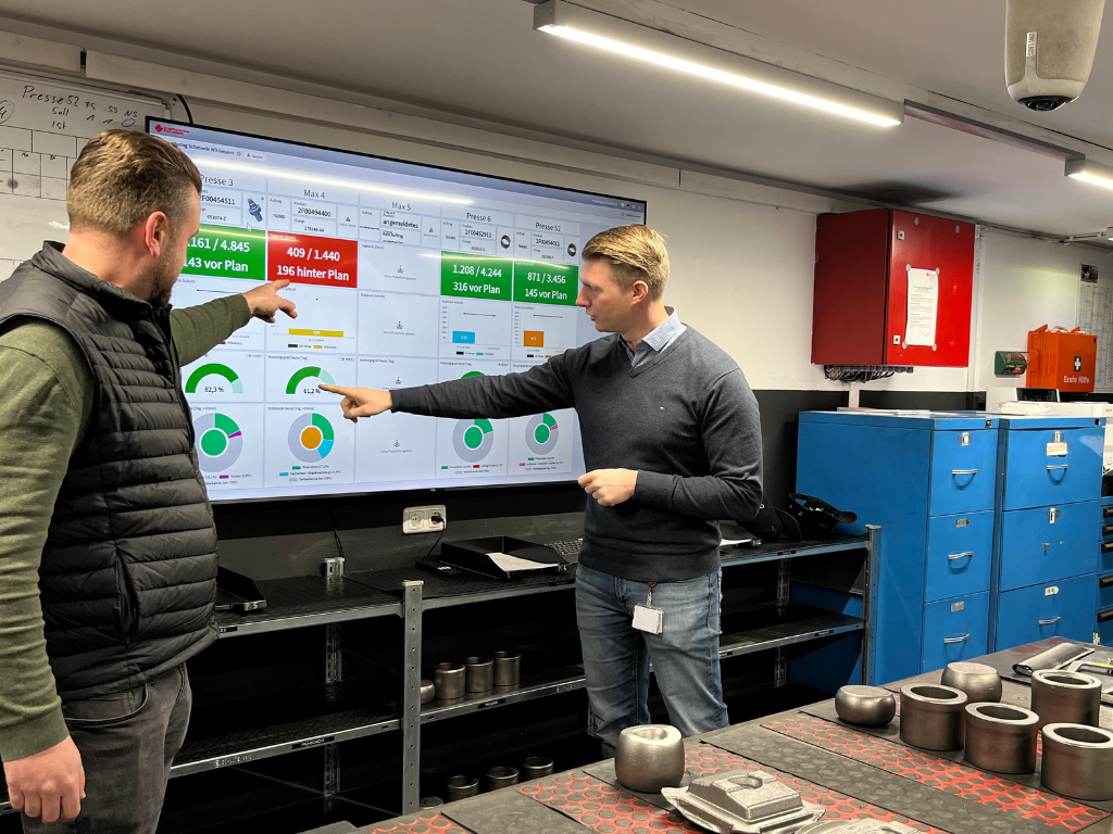 Schmiedetechnik Plettenberg — Team vor dem Echtzeit-Pressen-Dashboard