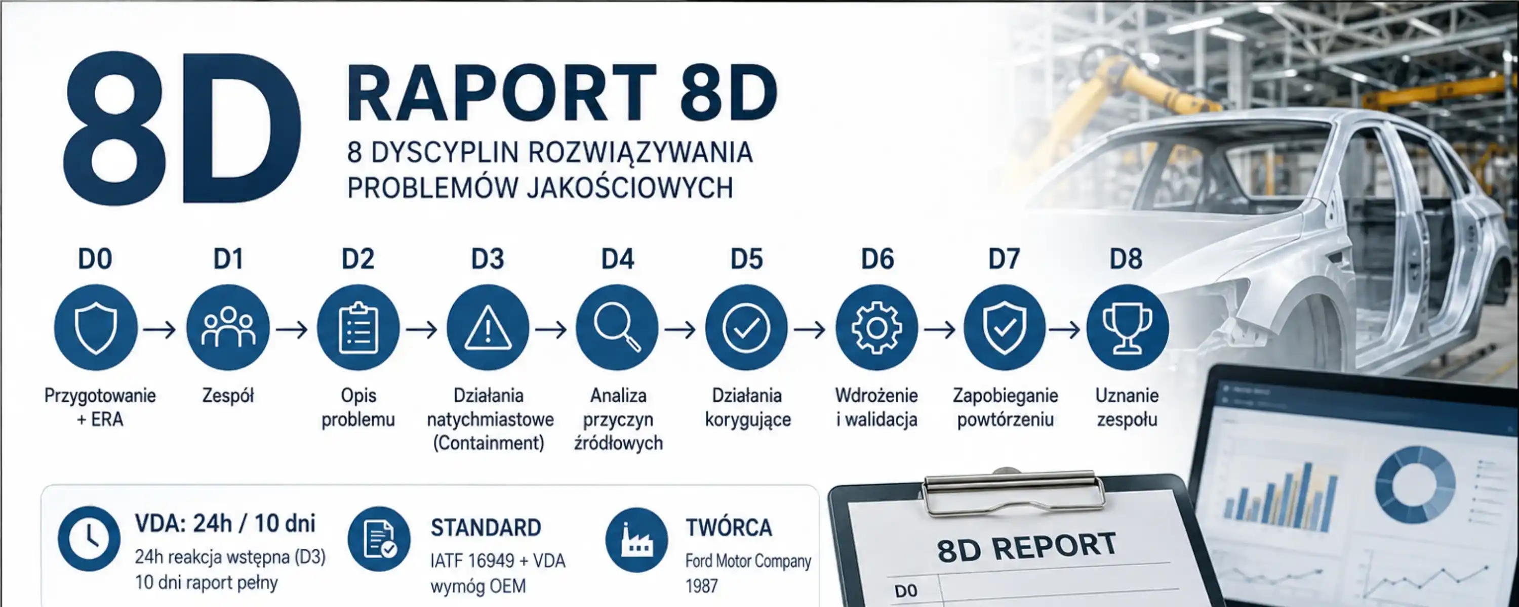 Raport 8D — 8 dyscyplin, szablon i przykład z motoryzacji