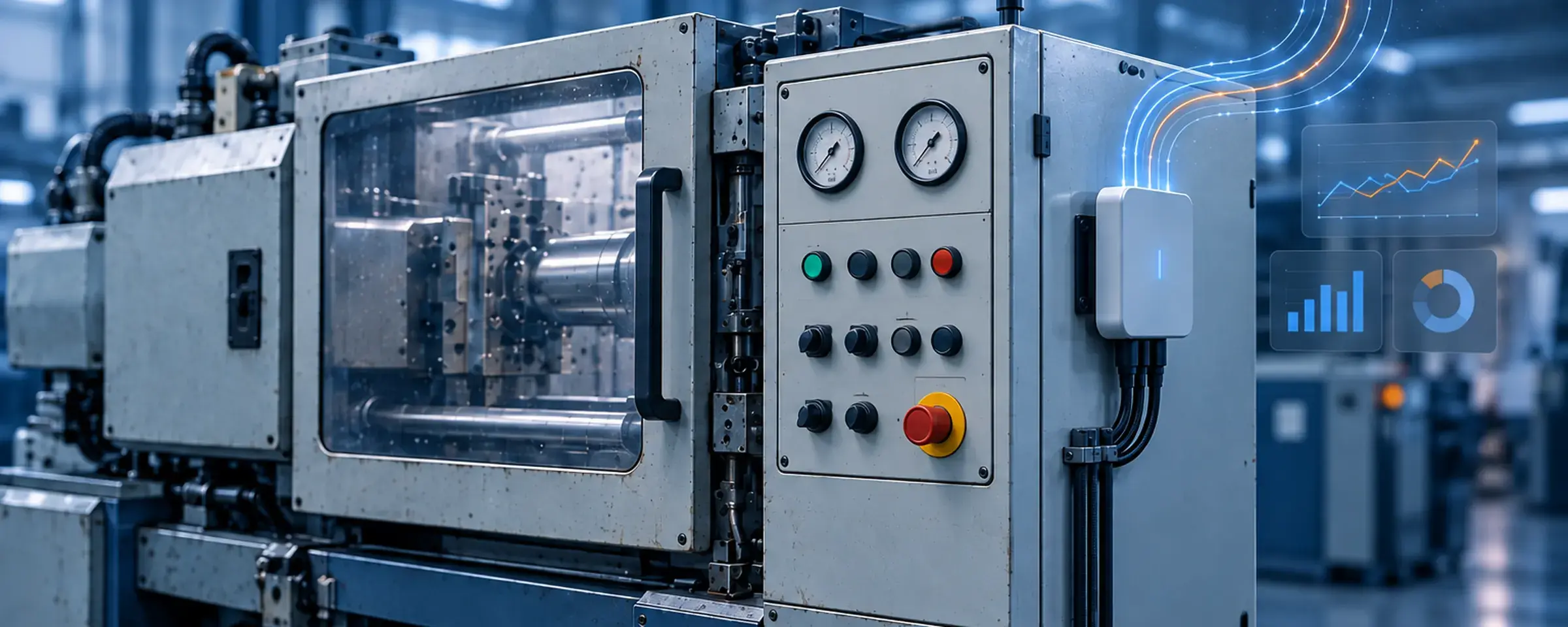 Ältere Maschine mit nachgerüstetem Gateway, das Maschinendaten in die Cloud überträgt