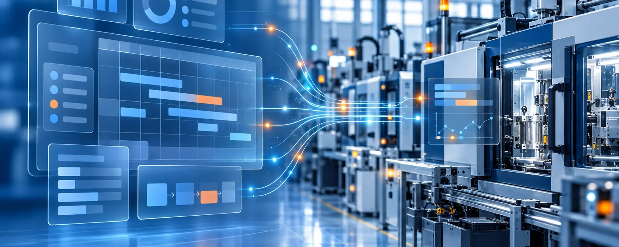 Planungsebene des ERP und Maschinen in der Fertigung, verbunden durch Datenströme