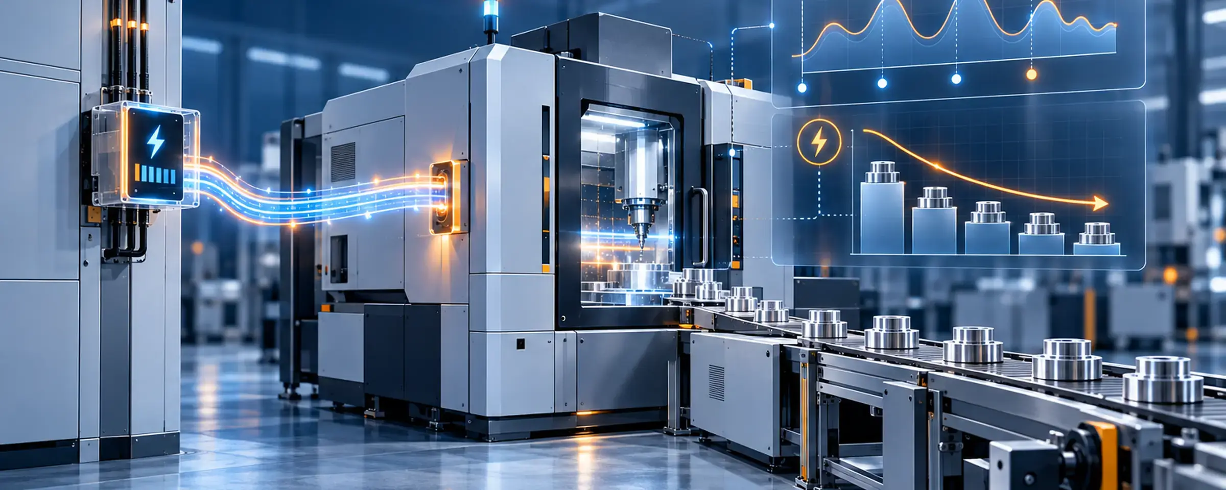 Produktionsmaschine mit Energiezähler, eingeblendeter Energiekurve und gefertigten Teilen