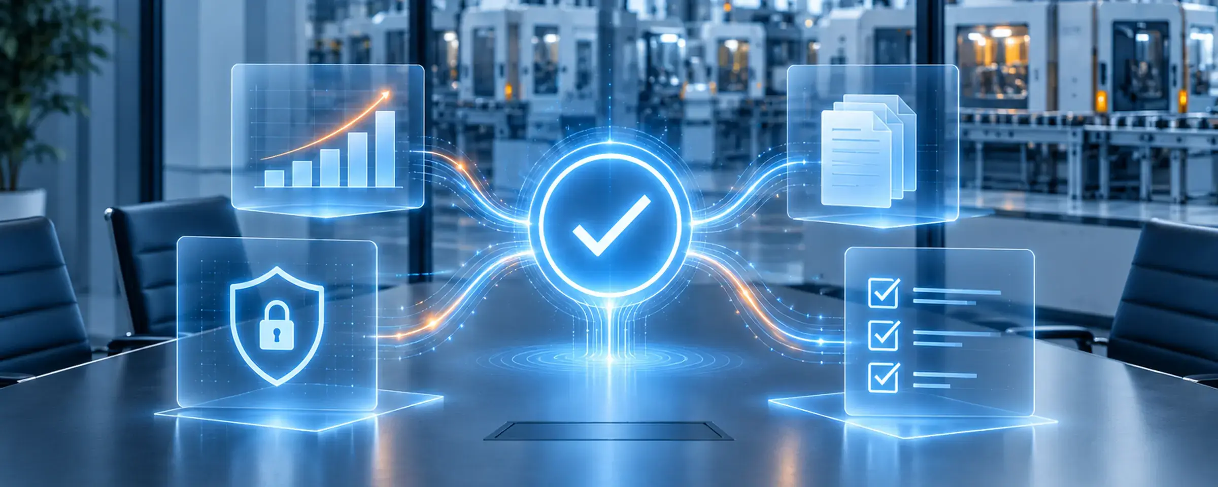 Besprechungstisch mit Kosten-, IT-Sicherheits- und Checklisten-Symbolen rund um ein Freigabesymbol