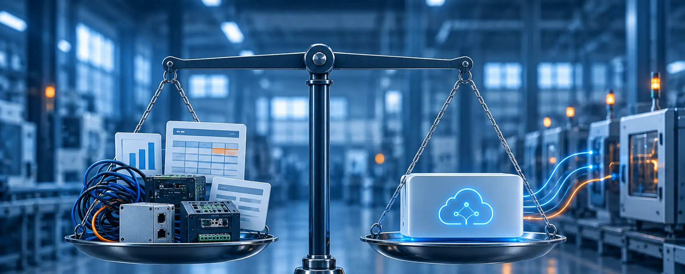 Waage zwischen einer selbst gebauten Lösung und einer Cloud-Plattform in einer Fabrikhalle