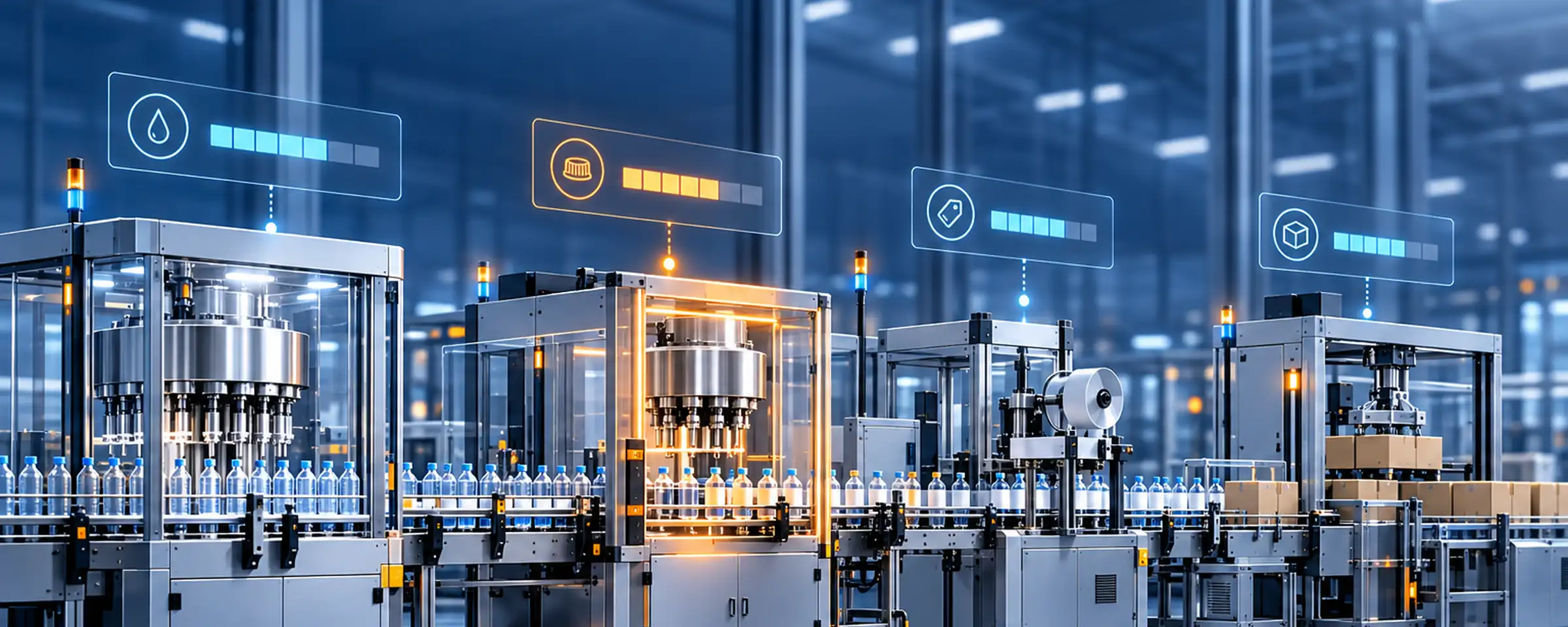 Abfüll- und Verpackungslinie mit hervorgehobenem Engpass und Statusanzeigen je Maschine